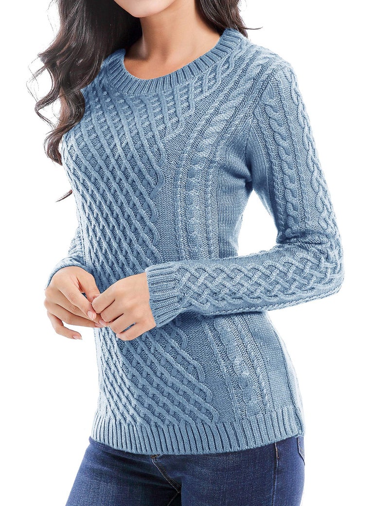 v28 Women Crew Neck Korea Knit Stretchable Elasticity Long Sleeve Sweater Jumper (M, Babyblue) - Image 1